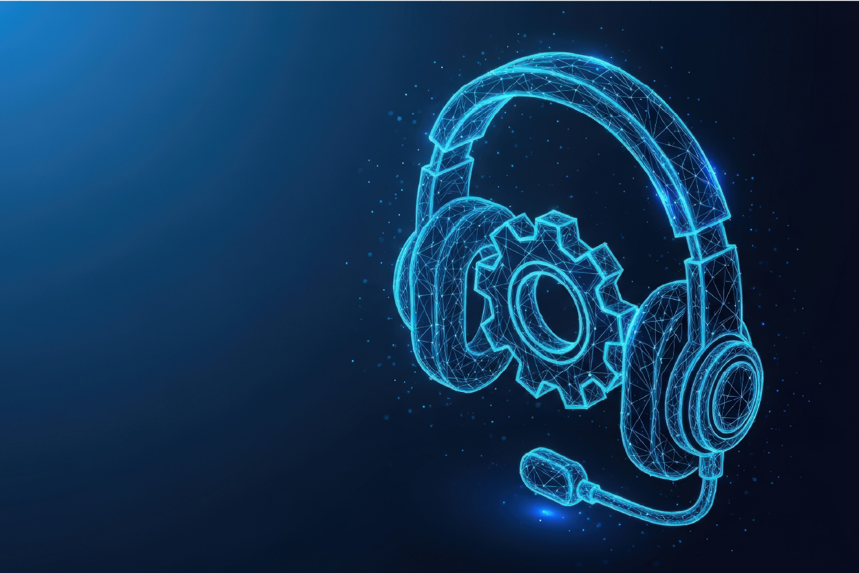 glowing blue digital headset and gear icon for tech support on a blue background